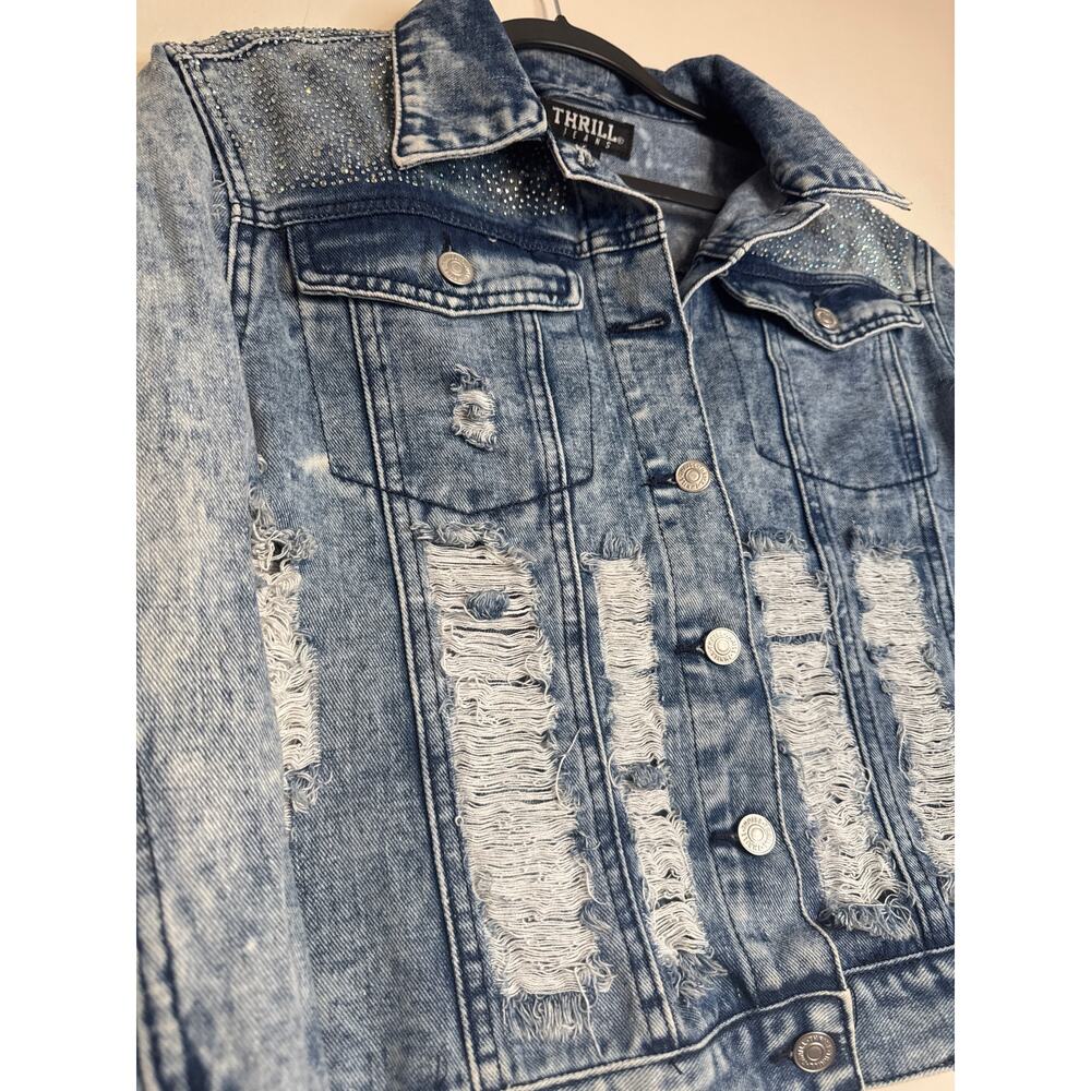 Thrill Jeans Denim Jacket Women's L Acid Wash Fringe Ripped Y2K Jean Distressed - Picture 4 of 7